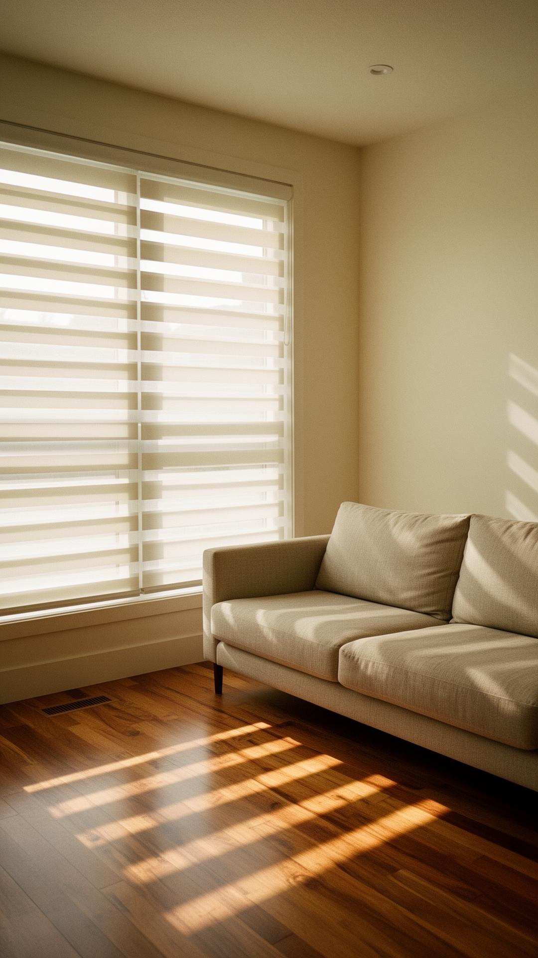 Soft morning light filtering through cream zebra blinds in a Calgary living room