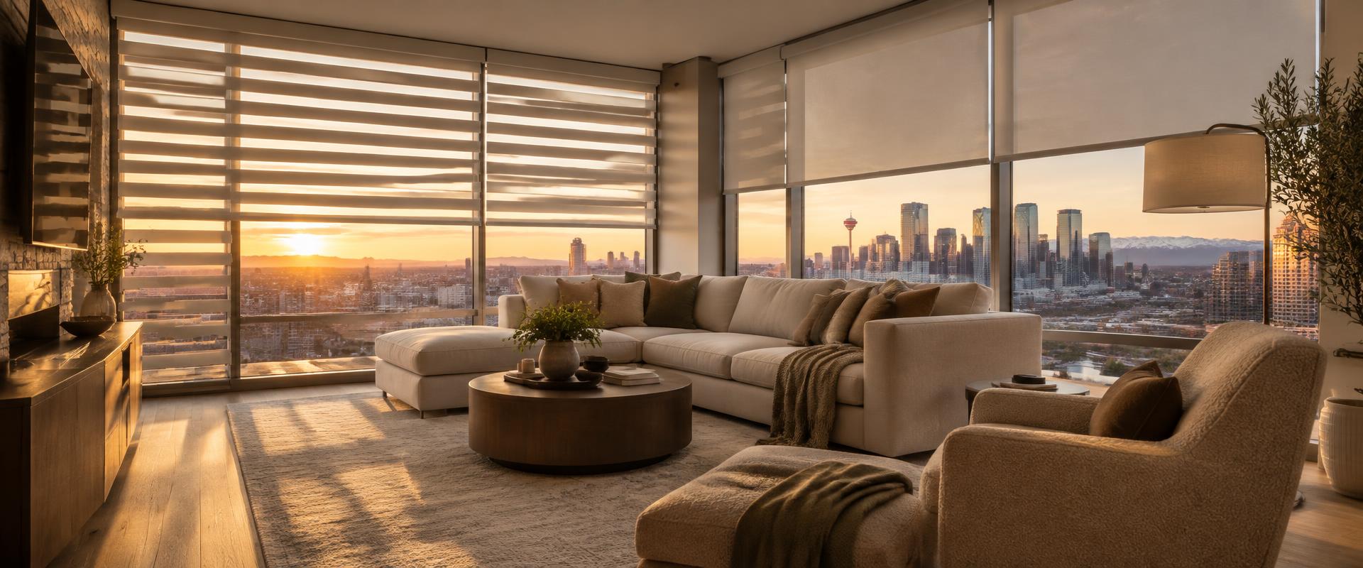 Calgary living room with custom zebra blinds and motorized roller shades at sunset — projects that can be financed by Baby Paws Blinds